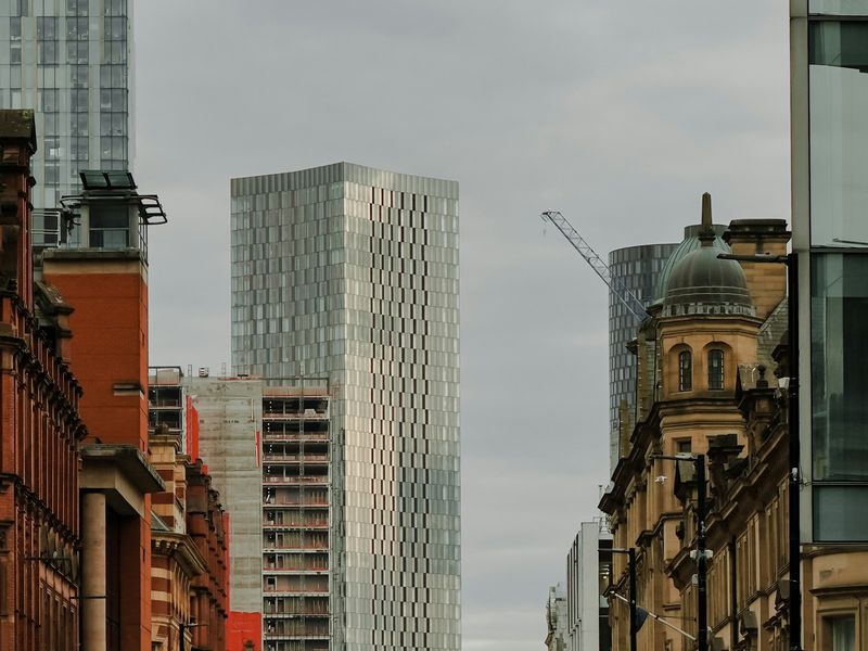 Victorian and modern towers on a Manchester street