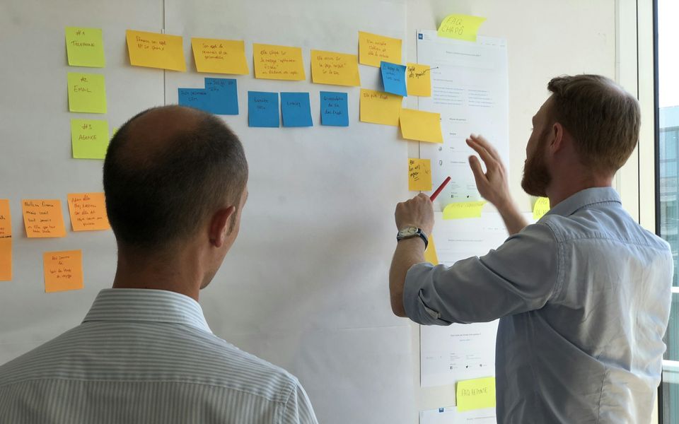 Two colleagues mapping a process on a wall of sticky notes