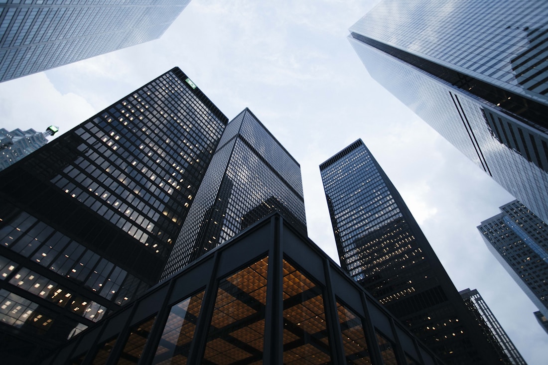 Corporate towers against the sky